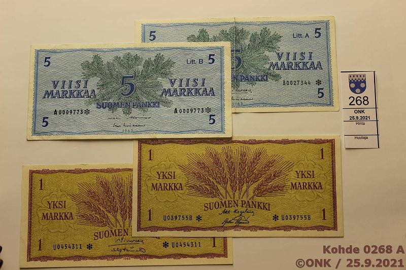 k-0268-a.jpg - Kohde 268, lhthinta: 30 € / myyntihinta: 92 € 1 + 5 mk 1963 (4)* 1 mk U0397558* SIM-Tr kl7, U0454311* KA I-AAs kl9; 5 mk LA A0027344* SIM-AAs voim. taite kl6, LB A0009773* SIM-Lin eprep kl4, korvaavien er, kunto: 4-9