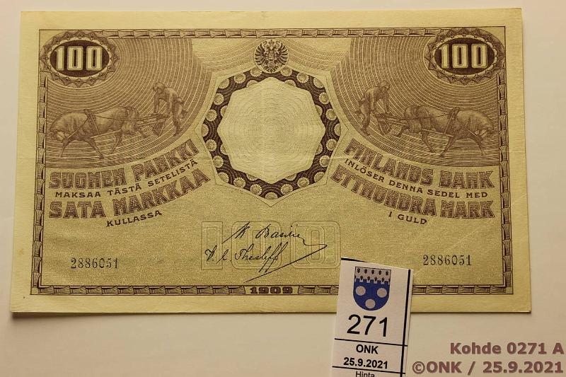 k-0271-a.jpg - Kohde 271 (kuva 1/2), lhthinta: 45 € / myyntihinta: 50 € 5 + 100 mk 1909 KV SNY 130.8, 176.4 5mk 20155045 BA I-His, SP FB; 100mk 2886075 BA I-The, hyv, siisti paperi, sil?, kunto: 4, 5