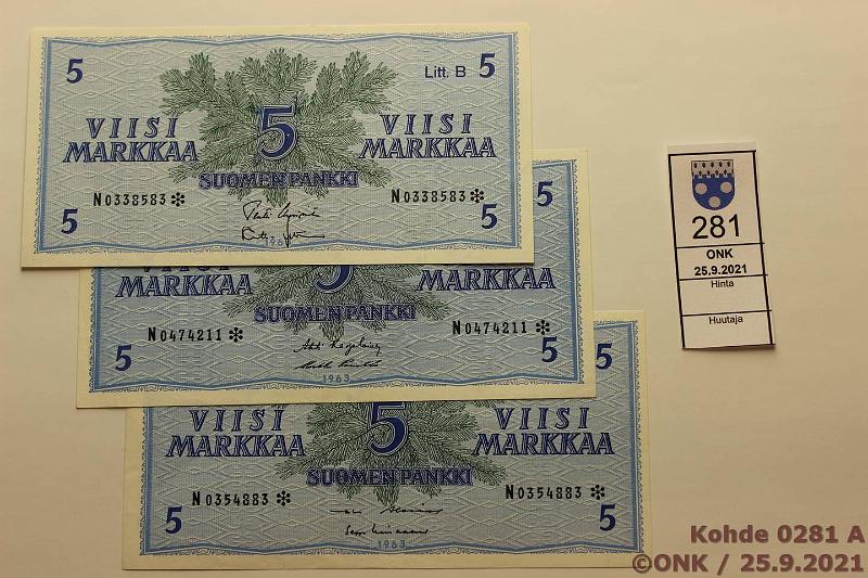k-0281-a.jpg - Kohde 281, lhthinta: 25 € / myyntihinta: 30 € 5 mk 1963 LB N* (3) SNY 135.3.7 N* UUS-Leh, N* AL I-Lin, N* KA I-Pu1, korvaavia, kunto: 7-8