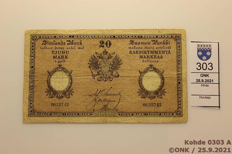 k-0303-a.jpg - Kohde 303 (kuva 1/2), lhthinta: 125 € / myyntihinta: 175 € 20 mk 1894 Sny 153.2 0632742 Charpentier-Ahlfors, rep, keskireik, kunto: 3