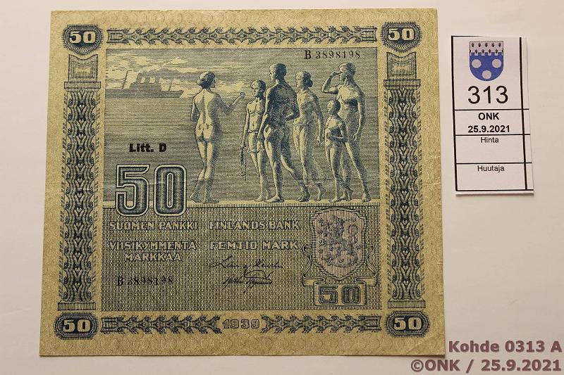 k-0313-a.jpg - Kohde 313, lhthinta: 15 € / myyntihinta: 27 € 50 mk 1939 LD SNY 168.2 B3898199 HEU-Aas, vl 2, kunto: 4