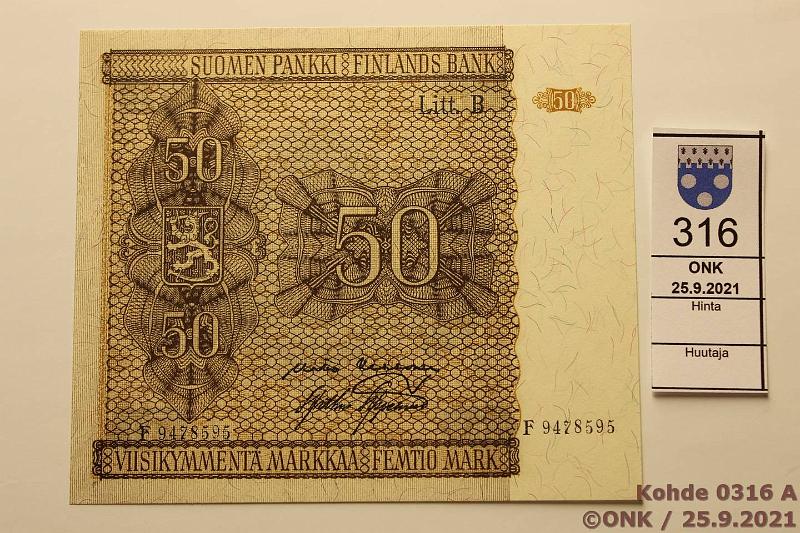k-0316-a.jpg - Kohde 316 (kuva 1/2), lhthinta: 35 € / myyntihinta: 54 € 50 mk 1945 LB SNY 169.4 F9478595 KEK-AAs, laatta IV, virheetn!, kunto: 9