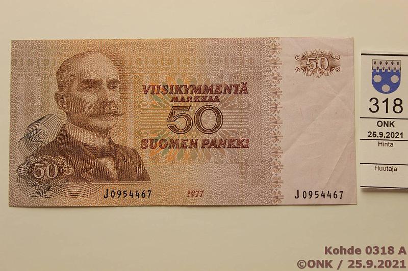 k-0318-a.jpg - Kohde 318, lhthinta: 500 € / myyntihinta: 770 € 50 mk 1977 SNY 171.3 J0954467 ilman allekirjoituksia, 34 kpl tunnetaan, kunto: 4