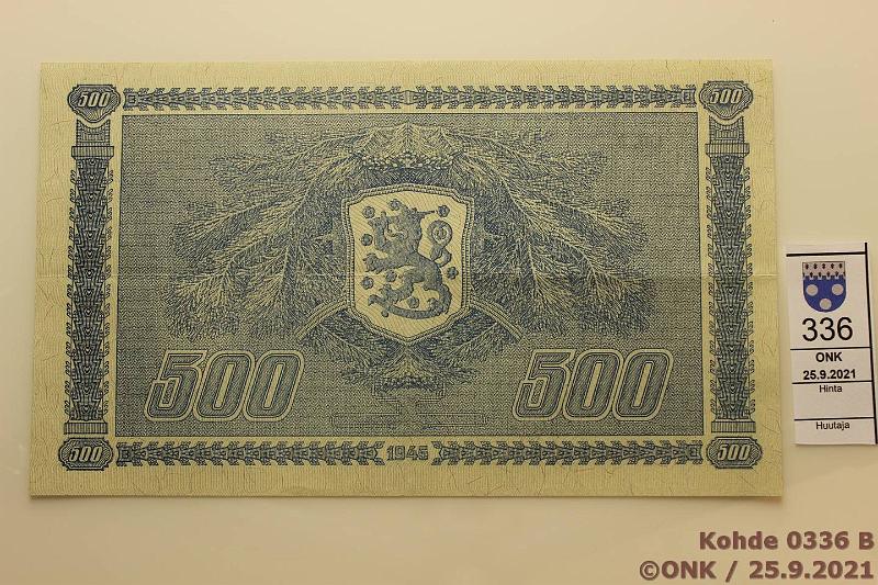 k-0336-b.jpg - Kohde 336 (kuva 2/2), lhthinta: 80 € / myyntihinta: 150 € 500 mk 1945 LB SNY 190.2 E9216636 FIE-Sac, harv. ak-pari (v), kunto: 6