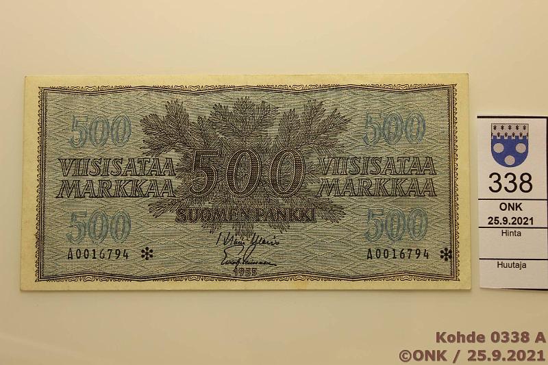 k-0338-a.jpg - Kohde 338 (kuva 1/2), lhthinta: 275 € / myyntihinta: 330 € 500 mk 1955 A* SNY 191.2 A0016794*, WAR-Lei, korvaava, kunto: 6