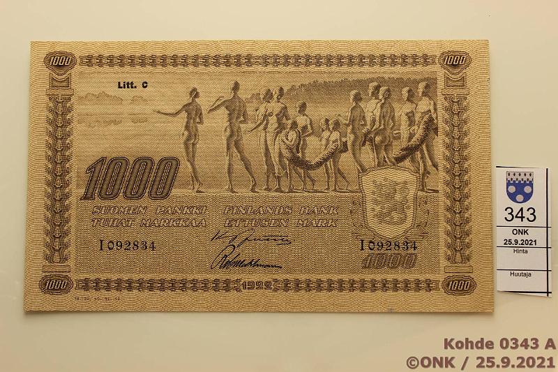 k-0343-a.jpg - Kohde 343 (kuva 1/2), l�ht�hinta: 80 &euro; / myyntihinta: 90 &euro; 1000 mk 1922 LC t III SNY 197.6 I092834 JUT-Wah, ep neulanr, ep km, kaunis seteli, kunto: 6