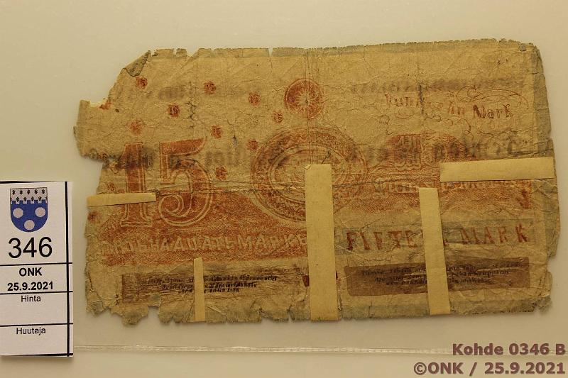 k-0346-b.jpg - Kohde 346 (kuva 2/3), l�ht�hinta: 100 &euro; / myyntihinta: 200 &euro; 15 mk SYP 1866 SNY 207 60600, Kiuruweden piirretty v��renn�s, paloja puuttuu, teippikorj., 7 kpl tunnetaan, kts. Numismaatikko 5/2012, kunto: 1