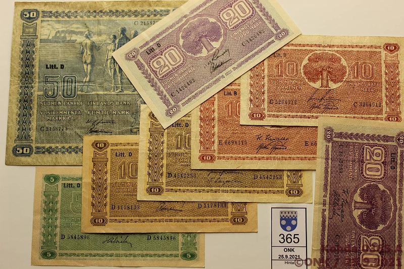 k-0365-a.jpg - Kohde 365, lhthinta: 20 € / myyntihinta: 44 € 5 - 50 mk (8) 1939-1945 5mk 1939 LD; 10mk-39 LD (2), -45 LB (2); 20mk-39 LD (2); 50mk-39 LD (vikoja), kunto: 3-5