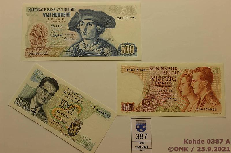k-0387-a.jpg - Kohde 387, lhthinta: 40 € / myyntihinta: 40 € Belgia 20 - 500 fr (3) 1963-66 P#135a, 138, 139 20f 1964; 50f 1966 (kl8); 500f 1963, kunto: 8-9
