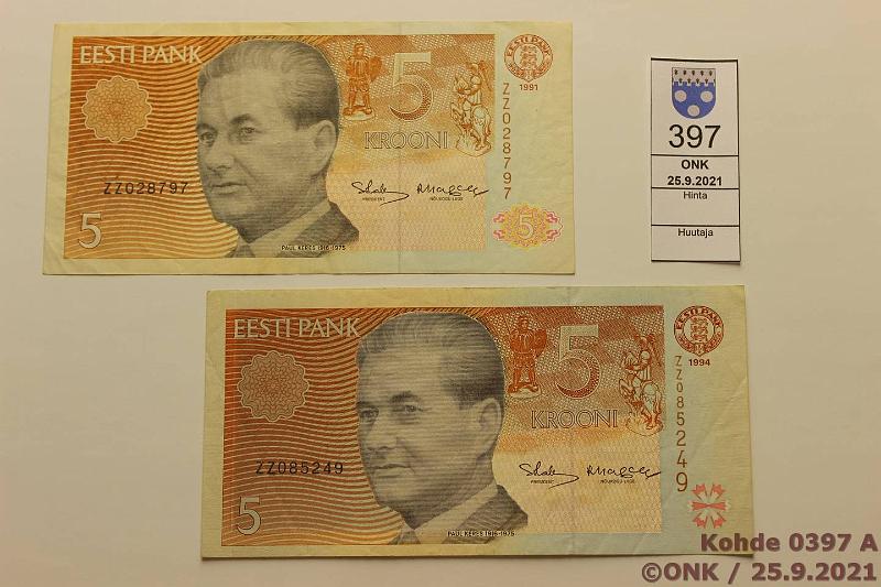 k-0397-a.jpg - Kohde 397, lhthinta: 40 € / myyntihinta: 52 € Eesti 5 kr (2) 1991, -94 P#71, 76 Molemmat ZZ-sarjaa, korvaavat, kunto: 4