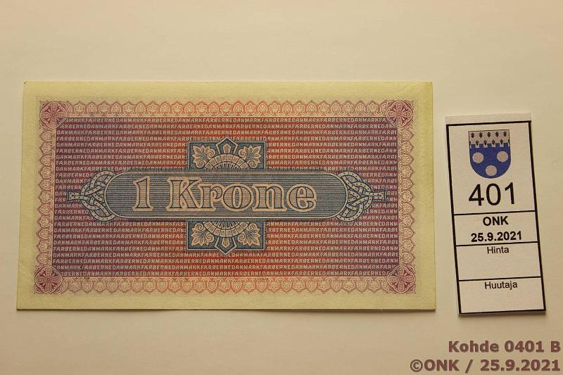 k-0401-b.jpg - Kohde 401 (kuva 2/2), lhthinta: 125 € / ei tarjouksia Fr-Saaret 1 kr 1940 P#9 118885 A, ei lpi setelin taitosta, kunto: 8
