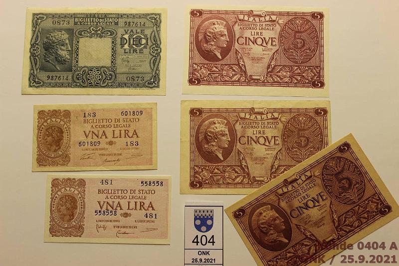 k-0404-a.jpg - Kohde 404, lhthinta: 20 € / myyntihinta: 20 € Italia 1-10 lira (6) 23.11.1944 Biglietto di Stato, 1 lire P#29a ja b; 5 lire P#31a, b ja c; 10 lire P#32c, kunto: 5-9