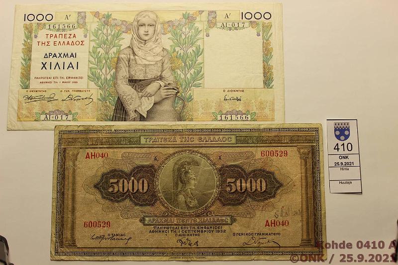 k-0410-a.jpg - Kohde 410 (kuva 1/2), lhthinta: 20 € / ei tarjouksia Kreikka 5000 + 1000 dr 1.9.1932, 1.5.1936 P#103, 106 ei reiki, 1000 dr ~1cm rep, kunto: 3, 4