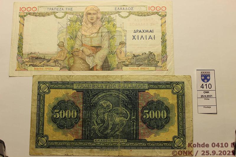 k-0410-b.jpg - Kohde 410 (kuva 2/2), lhthinta: 20 € / ei tarjouksia Kreikka 5000 + 1000 dr 1.9.1932, 1.5.1936 P#103, 106 ei reiki, 1000 dr ~1cm rep, kunto: 3, 4