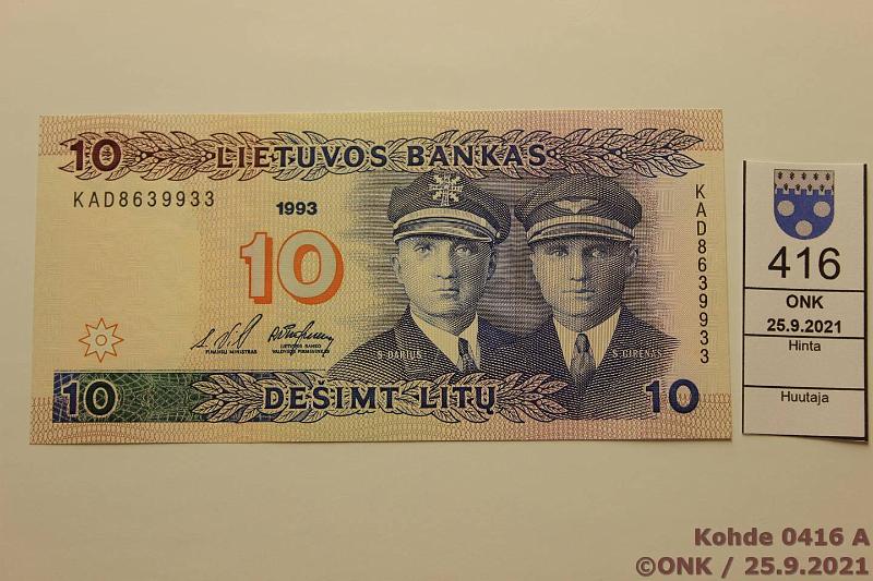 k-0416-a.jpg - Kohde 416 (kuva 1/2), lhthinta: 15 € / myyntihinta: 15 € Liettua 10 litu 1993 P#56 KAD8639933, kunto: 9