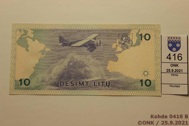 k-0416-b.jpg - Kohde 416 (kuva 2/2), lhthinta: 15 € / myyntihinta: 15 € Liettua 10 litu 1993 P#56 KAD8639933, kunto: 9