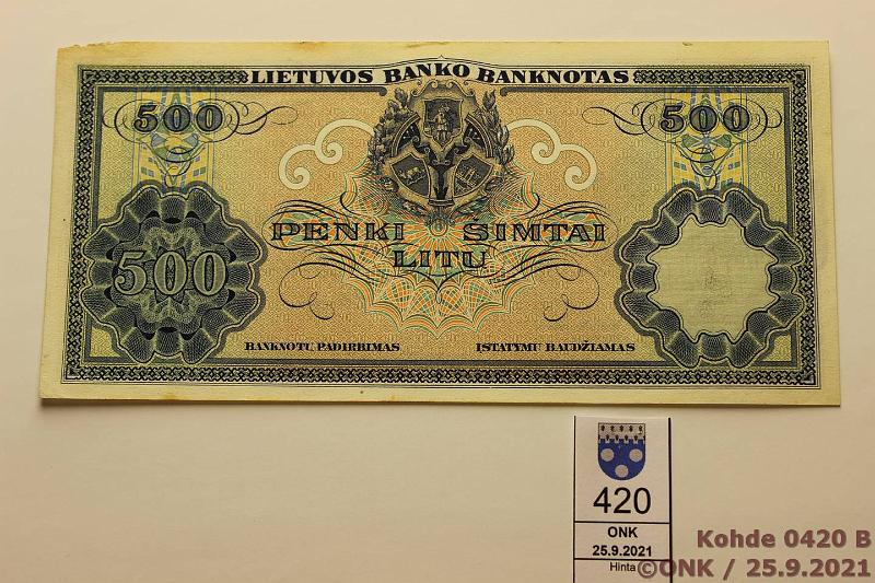 k-0420-b.jpg - Kohde 420 (kuva 2/2), l�ht�hinta: 600 &euro; / myyntihinta: 600 &euro; Liettua 500 litu 1924 P#21 B065.435, oikea kulma vajaa, ep. likaa yl�r., ei taitoksia, kunto: 7