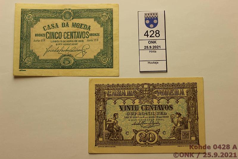 k-0428-a.jpg - Kohde 428 (kuva 1/2), lhthinta: 20 € / myyntihinta: 20 € Portugali 5 + 20 centavos 5.4.1918, 4.8.1922 P#97, 100, kunto: 7, 8