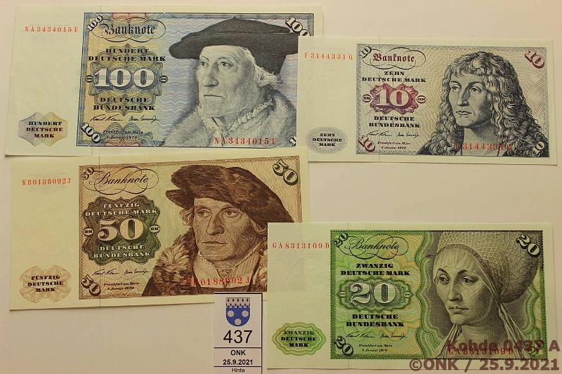 k-0437-a.jpg - Kohde 437, lhthinta: 100 € / myyntihinta: 110 € Saksa 10 - 100 mk (4) 1970 P#31a, 32a, 33a, 34a 10, 20, 50 (kl9), 100 mk, hyv er, kunto: 7-9