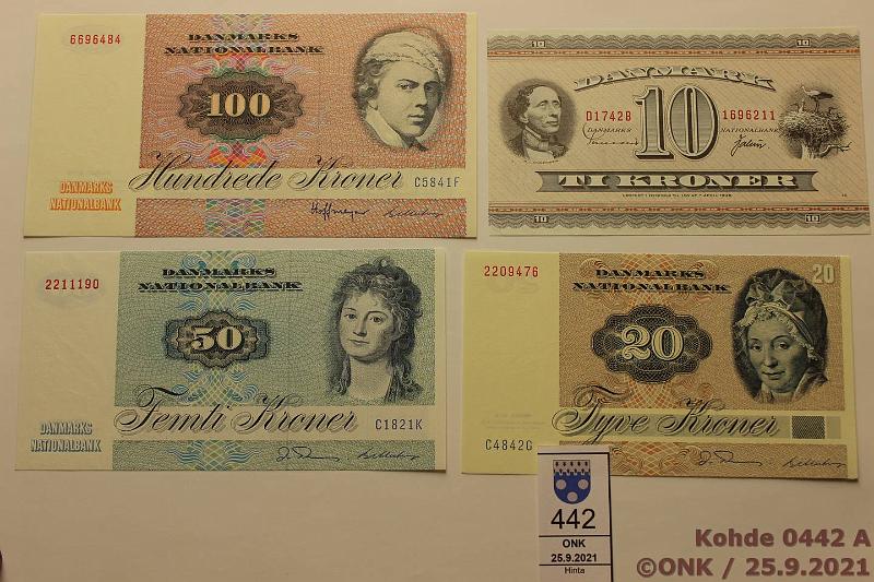 k-0442-a.jpg - Kohde 442 (kuva 1/2), l�ht�hinta: 30 &euro; / myyntihinta: 44 &euro; Tanska 10 - 100 kr (4) 1974-84 P#44ai, 49e, 50e, 51k 10kr 1974; 20kr 1984; 50kr 1982; 100kr 1984, huippukunt. er�, kunto: 9