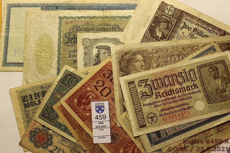 k-0459-a.jpg - Kohde 459 (kuva 1/2), lhthinta: 5 € / myyntihinta: 11 € Saksa (38) 1908-44 10p ND (2); 50p ND; 1mk ND (2), -44 (2); 2mk ND (4); 5mk ND, -17, -44; 10mk-20; 20mk-08, -18 (2), ND (3); 50mk-14 (4); 100mk-10, -18; 20 000mk-22; 50 000mk-22; 100 000mk-23 (3 eril.); 200 000mk-23; 2mmk-23; 10mmk-23, 50mmk-23 (2 eril.); 100 mmk-23, kunto: 1-3
