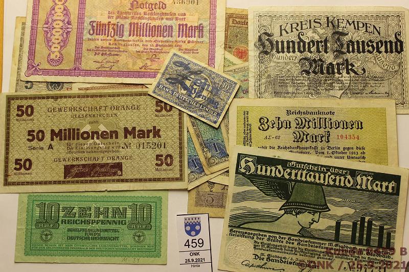 k-0459-b.jpg - Kohde 459 (kuva 2/2), lhthinta: 5 € / myyntihinta: 11 € Saksa (38) 1908-44 10p ND (2); 50p ND; 1mk ND (2), -44 (2); 2mk ND (4); 5mk ND, -17, -44; 10mk-20; 20mk-08, -18 (2), ND (3); 50mk-14 (4); 100mk-10, -18; 20 000mk-22; 50 000mk-22; 100 000mk-23 (3 eril.); 200 000mk-23; 2mmk-23; 10mmk-23, 50mmk-23 (2 eril.); 100 mmk-23, kunto: 1-3