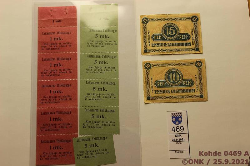 k-0469-a.jpg - Kohde 469, lhthinta: 5 € / myyntihinta: 5 € 10 p - 5 mk (12) Vaihtomerkkej: Laitasaaren Yhtikauppa 1mk 5kpl pystyrivil, 5mk 4kpl pystyrivil ja yksi irtomerkki; Ensio & Lagerbohm 10 ja 15p, kunto: 3-9