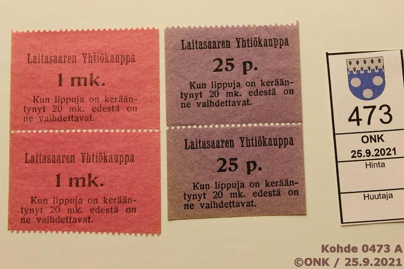 k-0473-a.jpg - Kohde 473, lhthinta: 5 € / ei tarjouksia 25 p - 1 mk (4) Laitasaaren Yhtikauppa, 25p ja 1mk pystyparit, kunto: 8-9