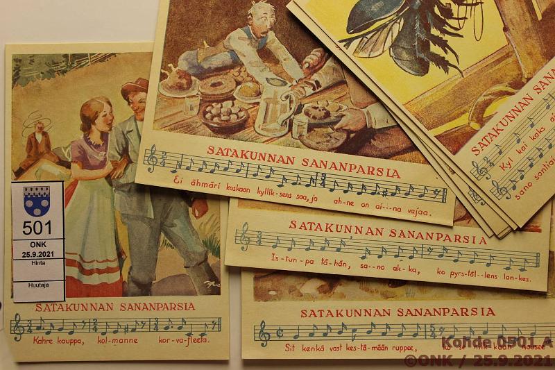 k-0501-a.jpg - Kohde 501, lhthinta: 5 € / myyntihinta: 5 € Kortteja (10) Satakunnan sananparsia, kaikki erilaisia ja kyttmttmi, yhdess tahroja, kunto: 8-9