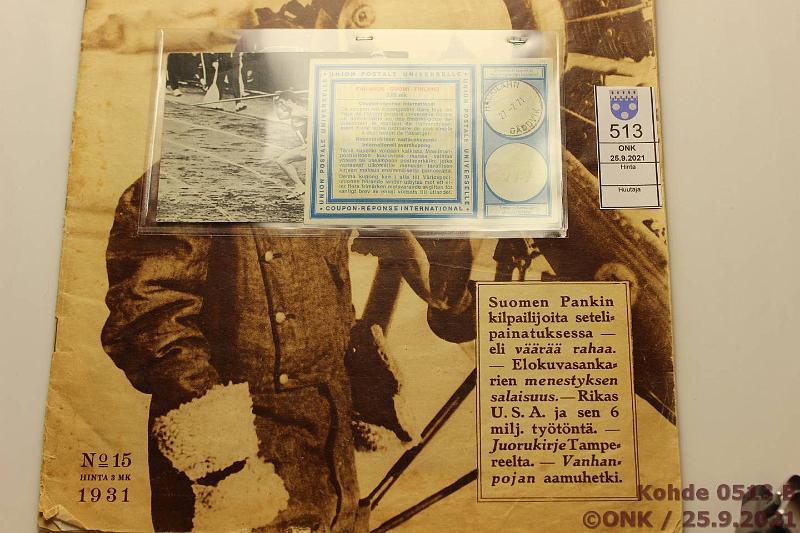 k-0513-b.jpg - Kohde 513 (kuva 2/2), lhthinta: 5 € / ei tarjouksia Valokuva ym. (3) 1931-71 Pauli Nevala Olympialaisissa 1964. Union Postale -vaihtokuponki 1971. Suomen Kuvalehti 1931 n:o 5, jossa artikkeli rahavrennksist, kunto: 5-8