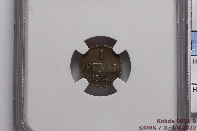 k-0001-b.jpg - Kohde 1 (kuva 2/3), lhthinta: 1500 € / myyntihinta: 1500 € 1 p 1864 SNY 1, NGC-slabissa 4786436-009: AU, cleaned. Harvinainen!, kunto: 5