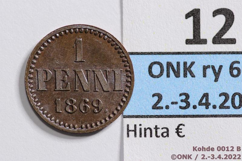 k-0012-b.jpg - Kohde 12 (kuva 2/2), lhthinta: 120 € / myyntihinta: 200 € 1 p 1869 SNY 5.1, tysin kulumaton, terv lynti, suklaankiiltoinen patina. Erittin kaunis!, kunto: 8