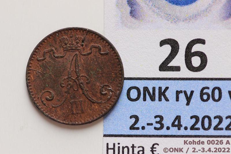 k-0026-a.jpg - Kohde 26 (kuva 1/2), lhthinta: 70 € / myyntihinta: 81 € 1 p 1884 Laikukas, pinta korrodoitunut, kunto: 6