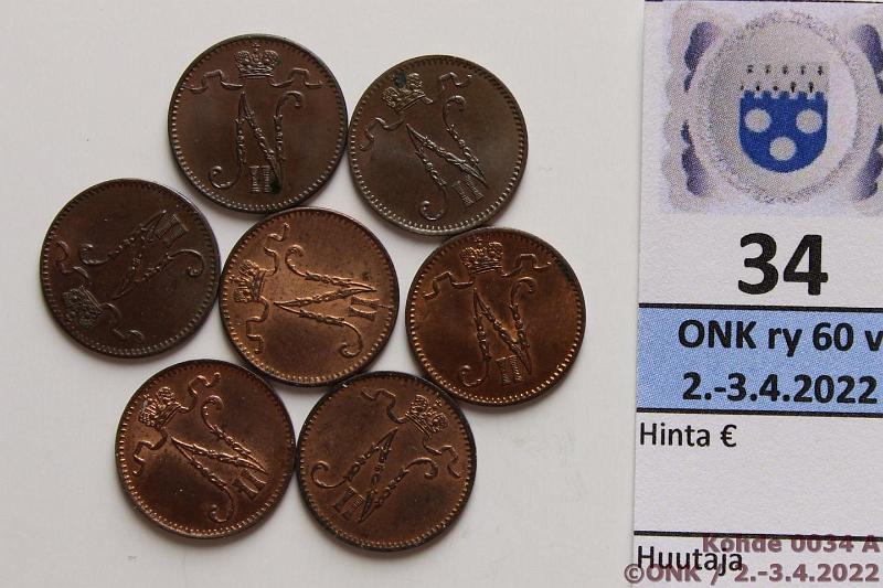 k-0034-a.jpg - Kohde 34 (kuva 1/2), lhthinta: 10 € / myyntihinta: 10 € 1 p 1899-1905 (7) Kaikki v:t (03 pieni 3), hieman leimakiiltoa, kauniita, kunto: 8-9