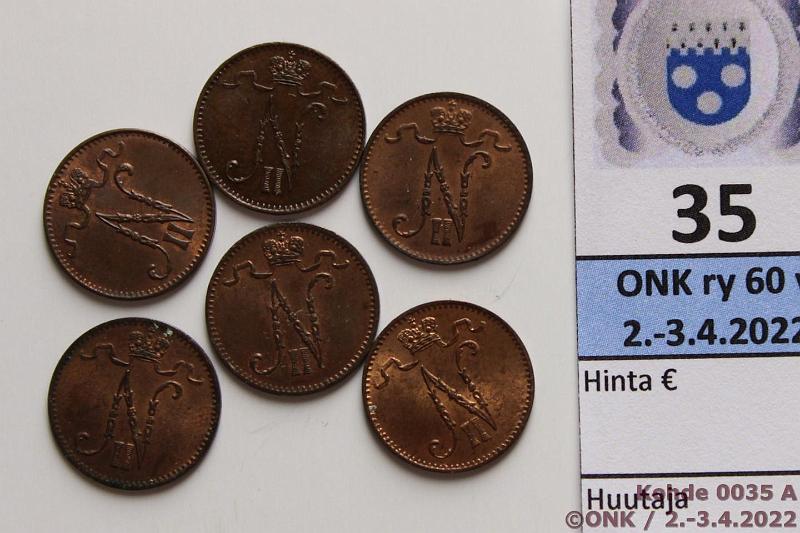 k-0035-a.jpg - Kohde 35 (kuva 1/2), lhthinta: 10 € / ei tarjouksia 1 p 1898-1909 (6) 1898, 1900, -02, -03, -05, -09, kaikissa ainakin vhn leimakiiltoa, osassa hpja, kunto: 7-8