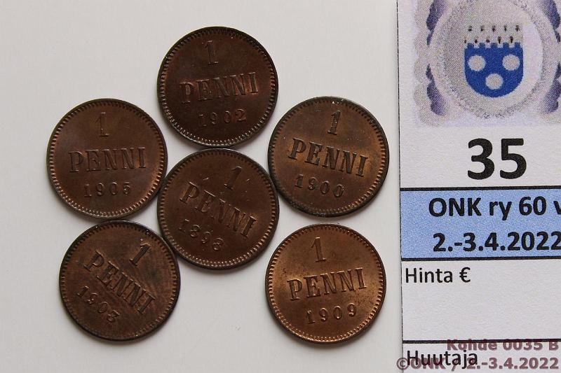 k-0035-b.jpg - Kohde 35 (kuva 2/2), lhthinta: 10 € / ei tarjouksia 1 p 1898-1909 (6) 1898, 1900, -02, -03, -05, -09, kaikissa ainakin vhn leimakiiltoa, osassa hpja, kunto: 7-8