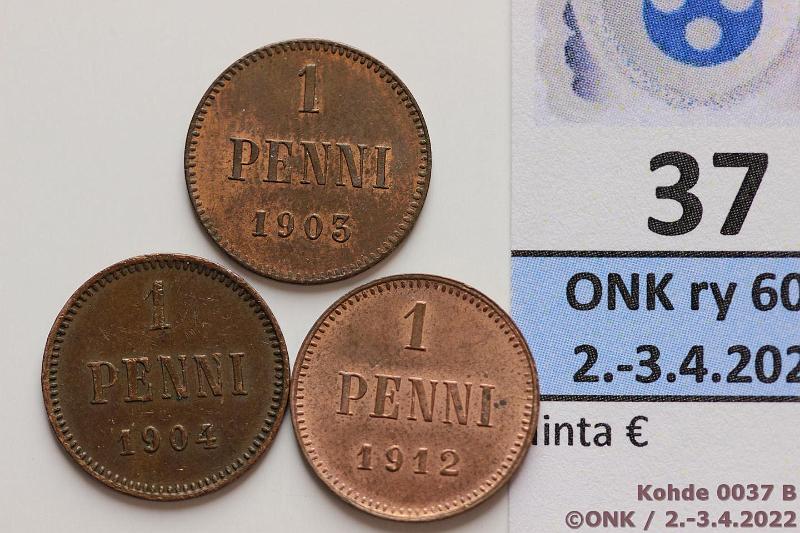 k-0037-b.jpg - Kohde 37 (kuva 2/2), lhthinta: 20 € / ei tarjouksia 1 p 1903, -04, -12 1903 SNY 28.2, iso 3, leimakiilto, hieman patinaa, erittin kaunis!; -04 siisti; -12 leimakiilto, kunto: 8/9, 5, 9