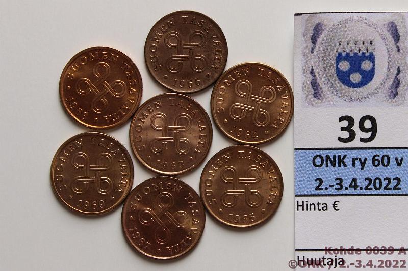 k-0039-a.jpg - Kohde 39 (kuva 1/2), lhthinta: 5 € / myyntihinta: 6 € 1 p 1963-69 (7) Kaikki v:t, leimakiiltoinen sarja, kunto: 8-9