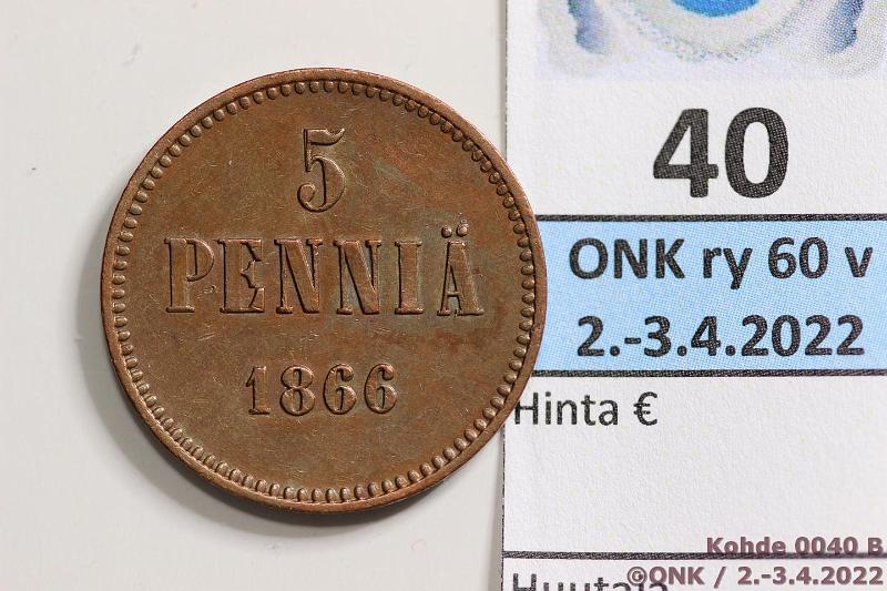 k-0040-b.jpg - Kohde 40 (kuva 2/2), lhthinta: 30 € / myyntihinta: 40 € 5 p 1866 Terv lynti, kaunis!, kunto: 6/7