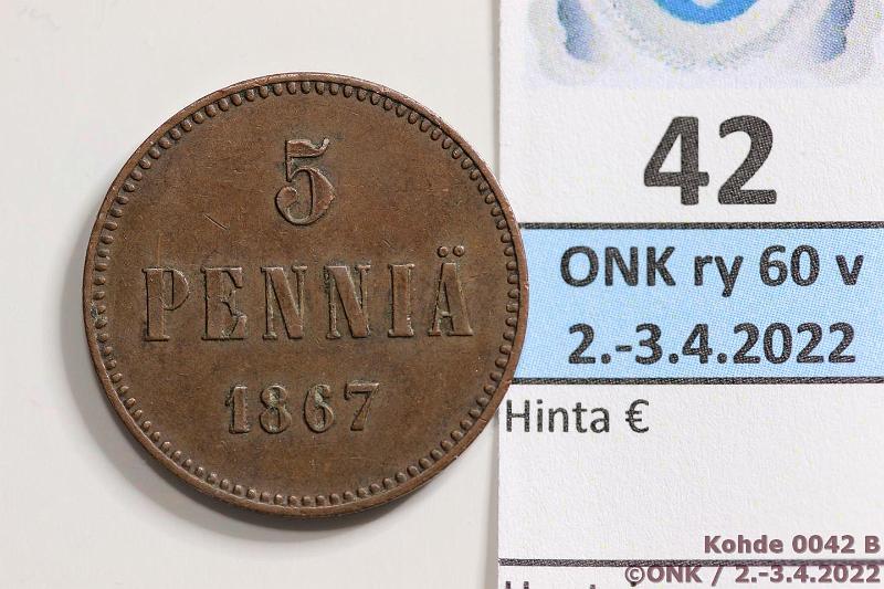 k-0042-b.jpg - Kohde 42 (kuva 2/2), lhthinta: 40 € / myyntihinta: 48 € 5 p 1867 Kaunis, tumma patina!, kunto: 7