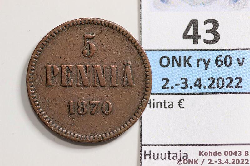 k-0043-b.jpg - Kohde 43 (kuva 2/2), lhthinta: 5 € / myyntihinta: 5 € 5 p 1870 Hyvt reunat, kunto: 3