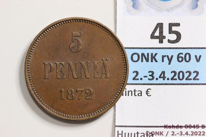 k-0045-b.jpg - Kohde 45 (kuva 2/2), lhthinta: 80 € / myyntihinta: 80 € 5 p 1872 Kaunis tumma patina, poikkeuksellinen kunto tlle v:lle!, kunto: 8/7