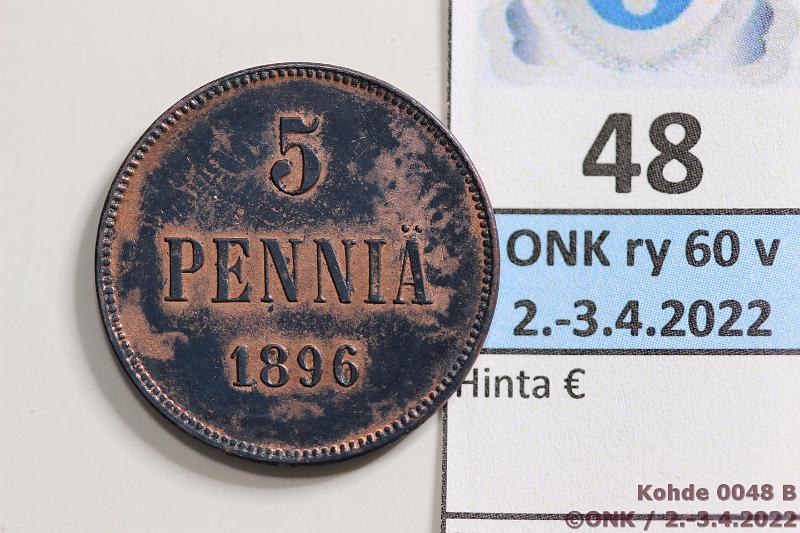 k-0048-b.jpg - Kohde 48 (kuva 2/2), lhthinta: 25 € / myyntihinta: 25 € 5 p 1896 Erikoinen musta patina ja vliss leimakiiltoa, kulumaton raha, kunto: 7