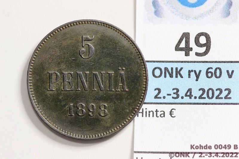k-0049-b.jpg - Kohde 49 (kuva 2/2), lhthinta: 10 € / myyntihinta: 10 € 5 p 1898 Erikoinen musta patina, kulumaton raha, kunto: 7