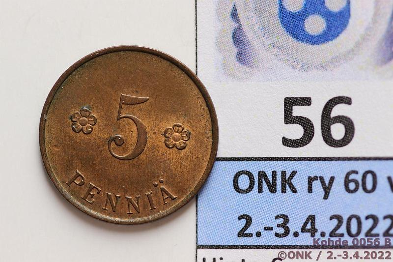 k-0056-b.jpg - Kohde 56 (kuva 2/2), lhthinta: 50 € / myyntihinta: 74 € 5 p 1918 KV I SNY 94.1, leimakiitoa, patinaa, erittin kaunis!, kunto: 8