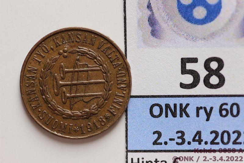 k-0058-a.jpg - Kohde 58 (kuva 1/2), lhthinta: 70 € / myyntihinta: 84 € 5 p 1918 KV II SNY 94.2, eprv, kunto: 7/6