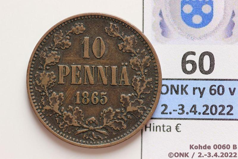 k-0060-b.jpg - Kohde 60 (kuva 2/2), lhthinta: 5 € / myyntihinta: 10 € 10 p 1865 Siisti kappale, arvopuoli hyv, kunto: 4/5