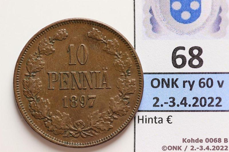 k-0068-b.jpg - Kohde 68 (kuva 2/2), lhthinta: 30 € / myyntihinta: 64 € 10 p 1897 Kaunis tumma patina, kunto: 6/7