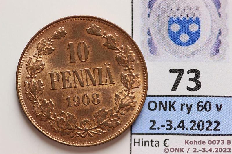 k-0073-b.jpg - Kohde 73 (kuva 2/2), lhthinta: 260 € / myyntihinta: 260 € 10 p 1908 Leimakiiltoinen, hieman patinaa, erittin kaunis!, kunto: 8