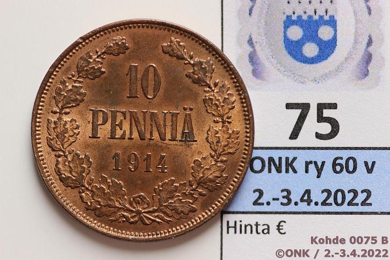 k-0075-b.jpg - Kohde 75 (kuva 2/2), lhthinta: 20 € / myyntihinta: 20 € 10 p 1914 Leimakiiltoinen, hieman patinaa, erittin kaunis!, kunto: 8